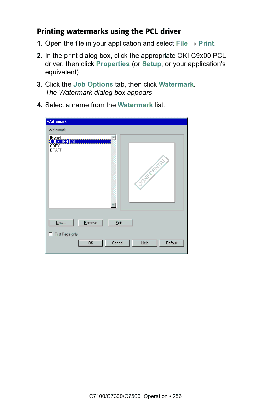 Oki C7300, C7100 manual Printing watermarks using the PCL driver 