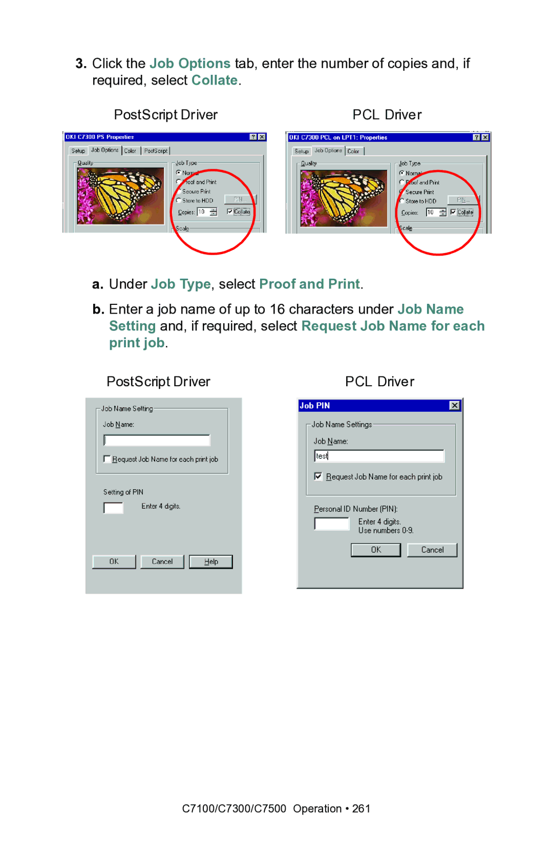 Oki C7100, C7300 manual Under Job Type, select Proof and Print 