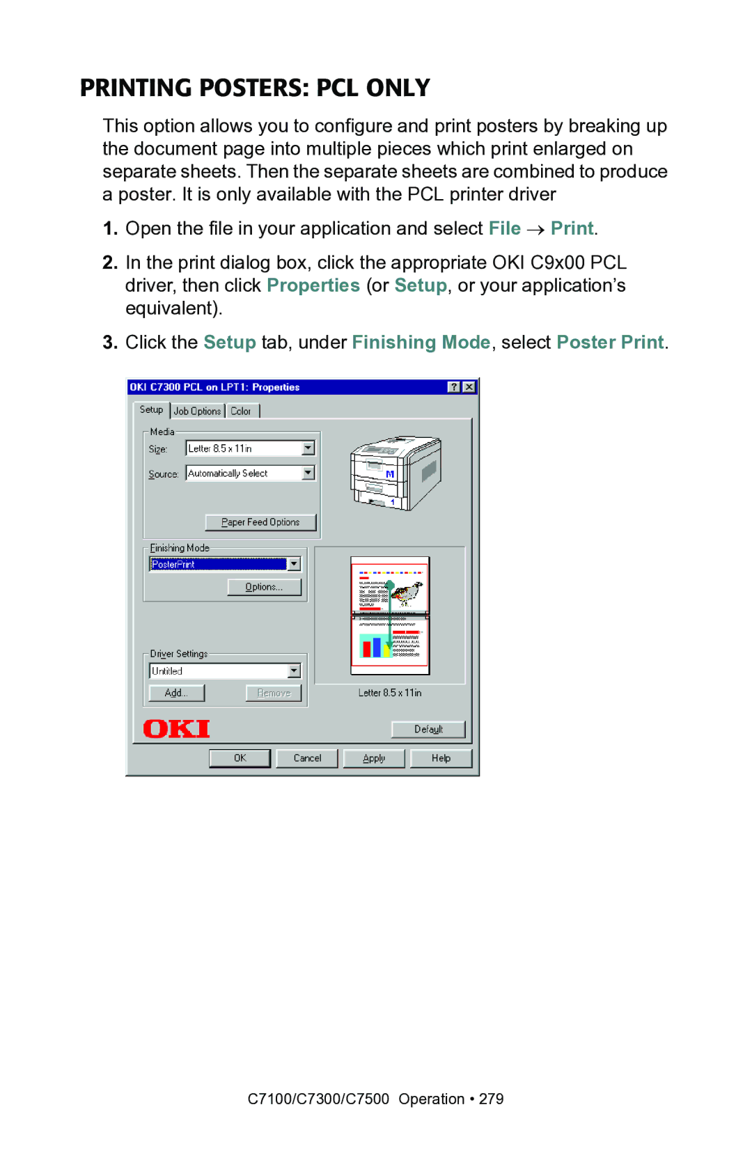 Oki C7100, C7300 manual Printing Posters PCL only 