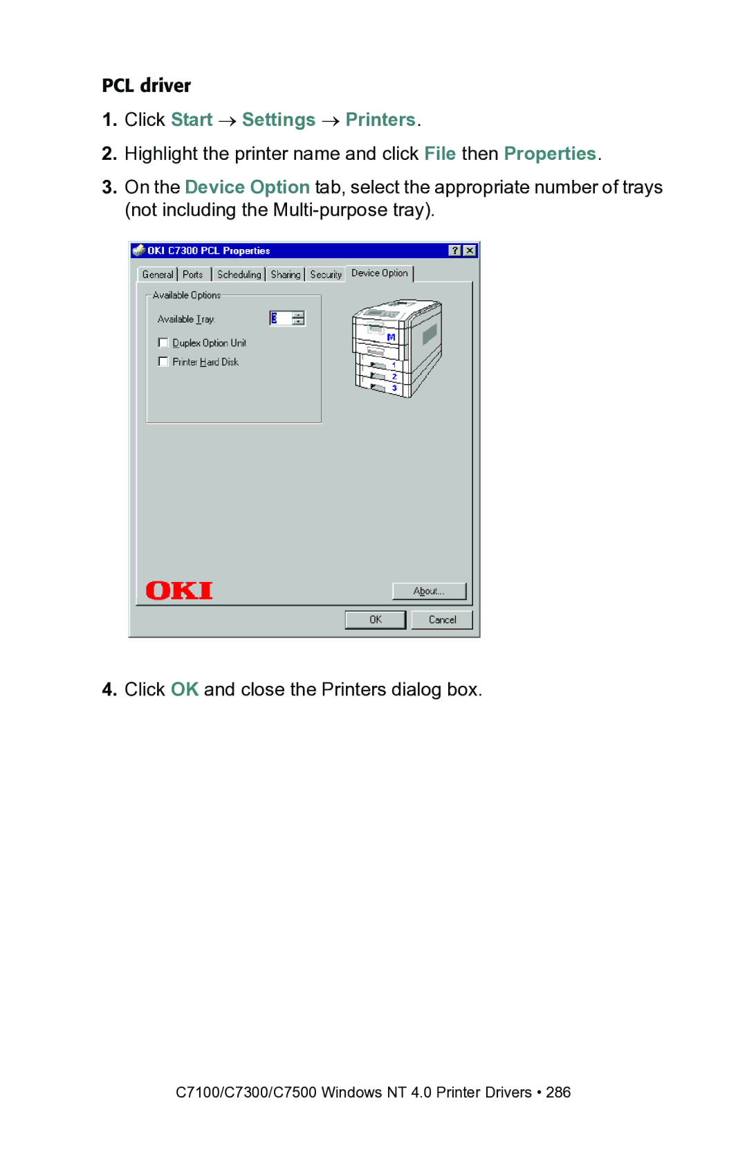 Oki C7300, C7100 manual Click Start Settings Printers 