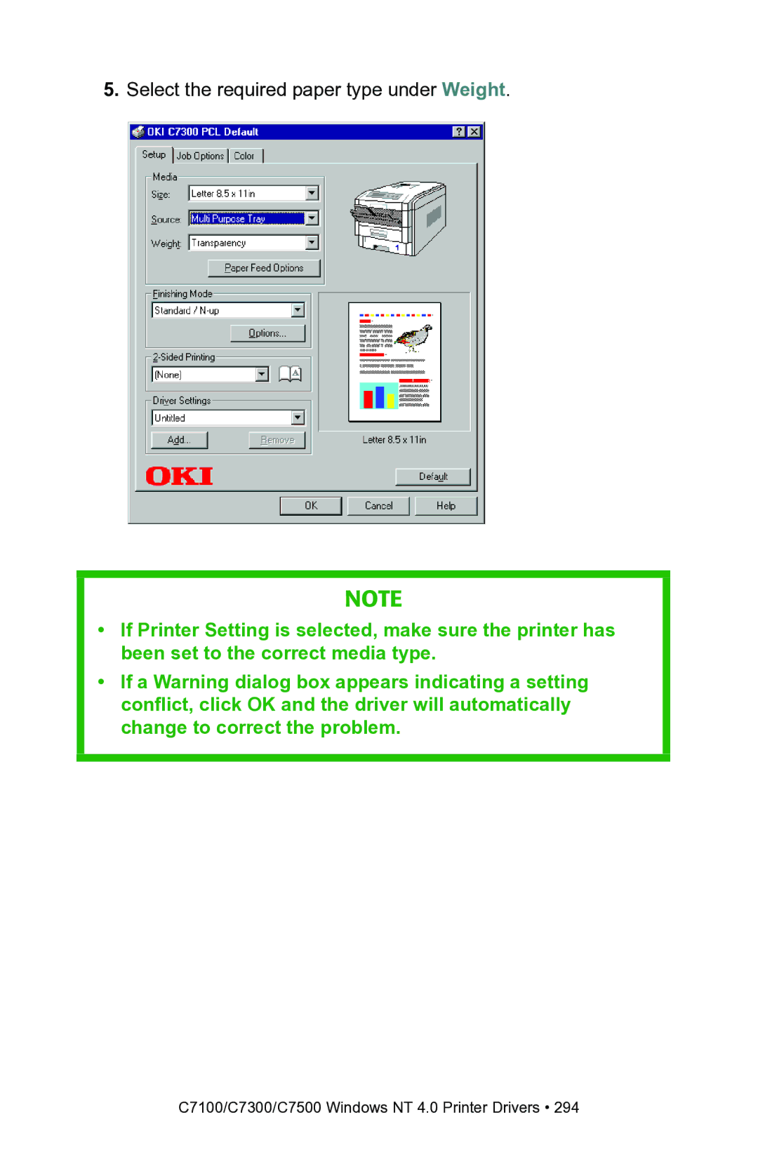 Oki C7300, C7100 manual Select the required paper type under Weight 