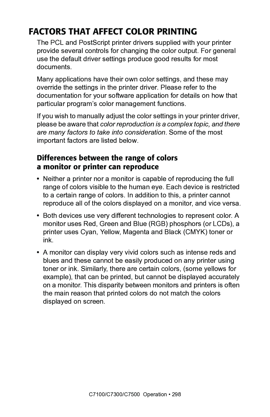 Oki C7300, C7100 manual Factors That Affect Color Printing 