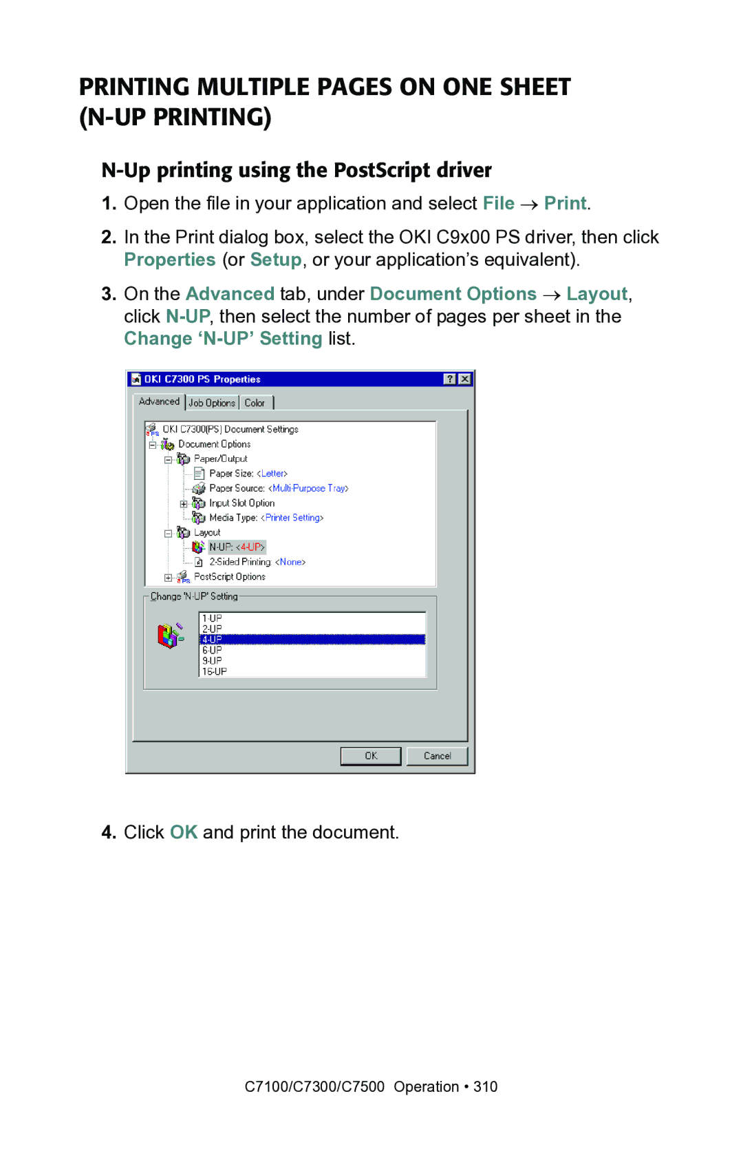 Oki C7300, C7100 manual Printing Multiple Pages on ONE Sheet N-UP Printing 