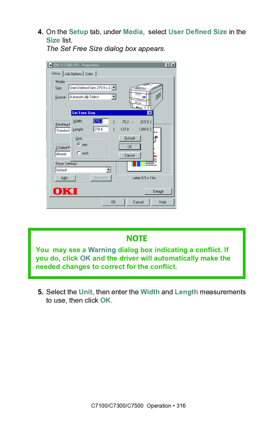 Oki C7300, C7100 manual Set Free Size dialog box appears 