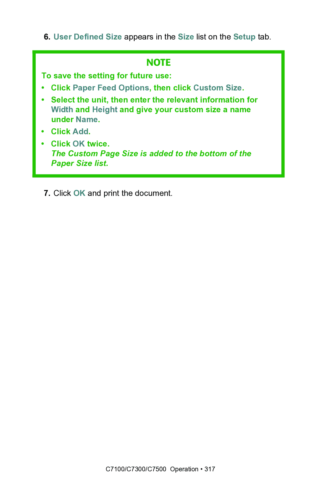 Oki C7100, C7300 manual Click Paper Feed Options, then click Custom Size 