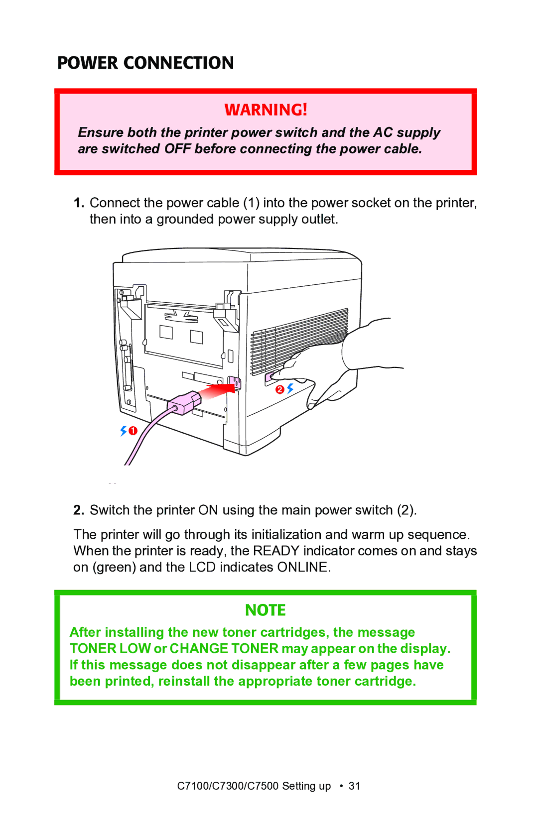 Oki C7100, C7300 manual Power Connection 