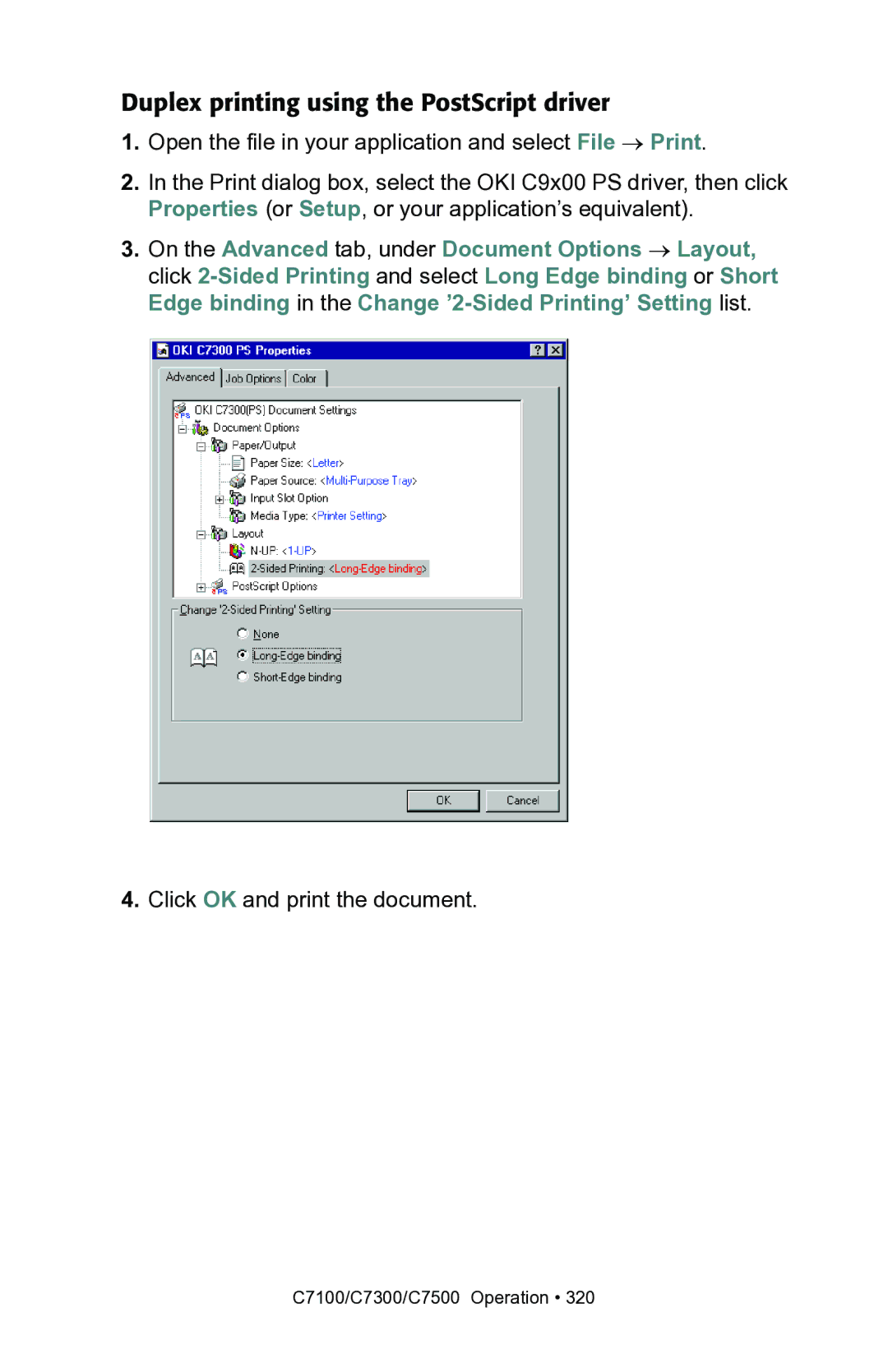 Oki C7300, C7100 manual Duplex printing using the PostScript driver 