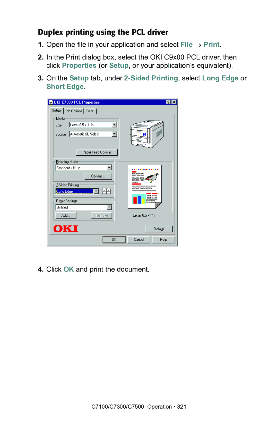 Oki C7100, C7300 manual Duplex printing using the PCL driver 