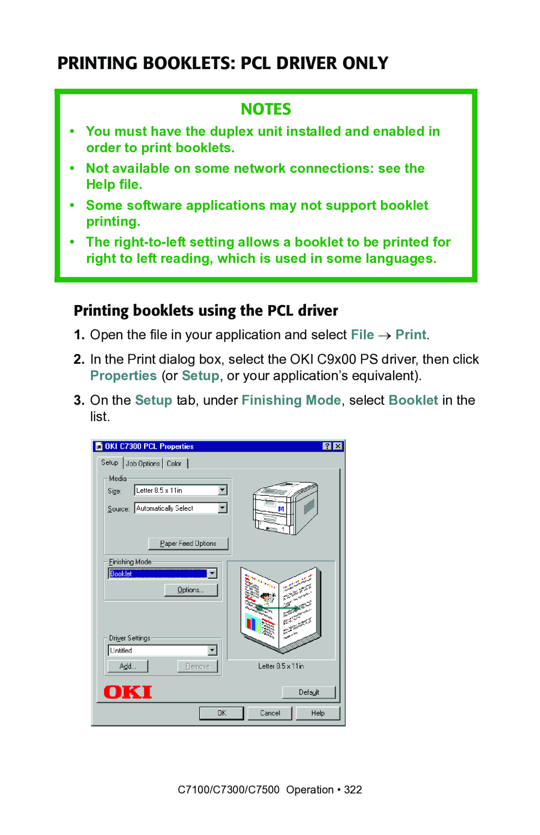 Oki C7300, C7100 manual Printing Booklets PCL Driver only, Printing booklets using the PCL driver 