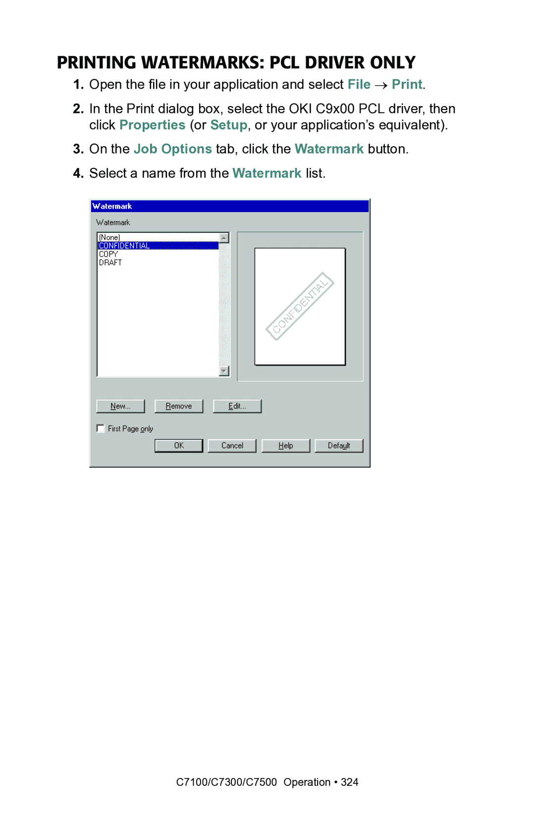 Oki C7300, C7100 manual Printing Watermarks PCL Driver only 