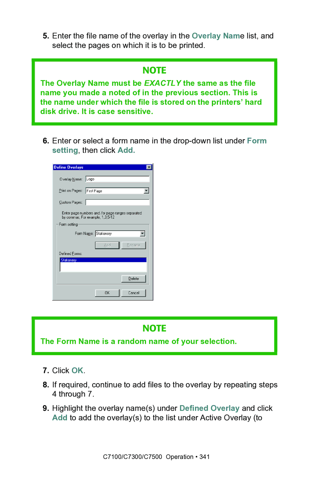 Oki C7100, C7300 manual Form Name is a random name of your selection 