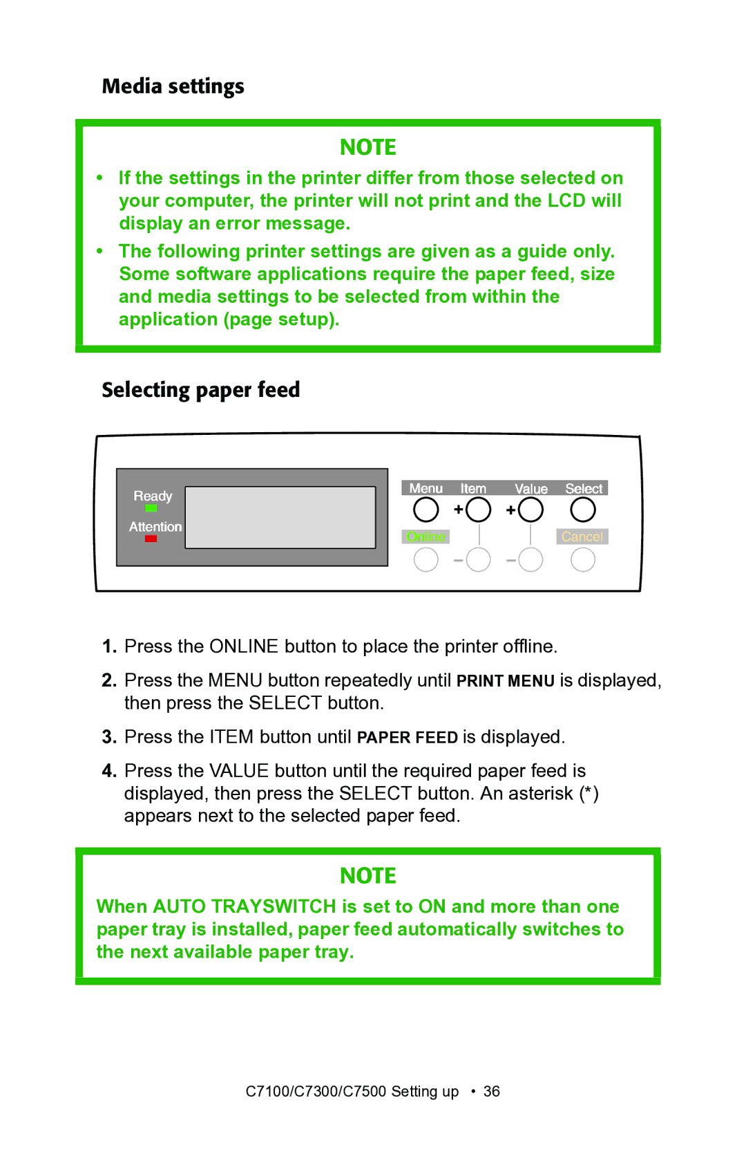 Oki C7300, C7100 manual Media settings, Selecting paper feed 