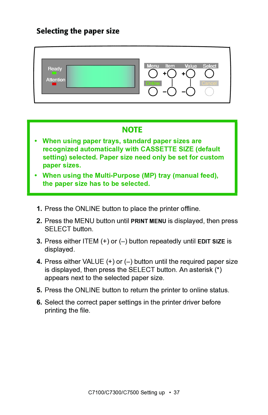 Oki C7100, C7300 manual Selecting the paper size 