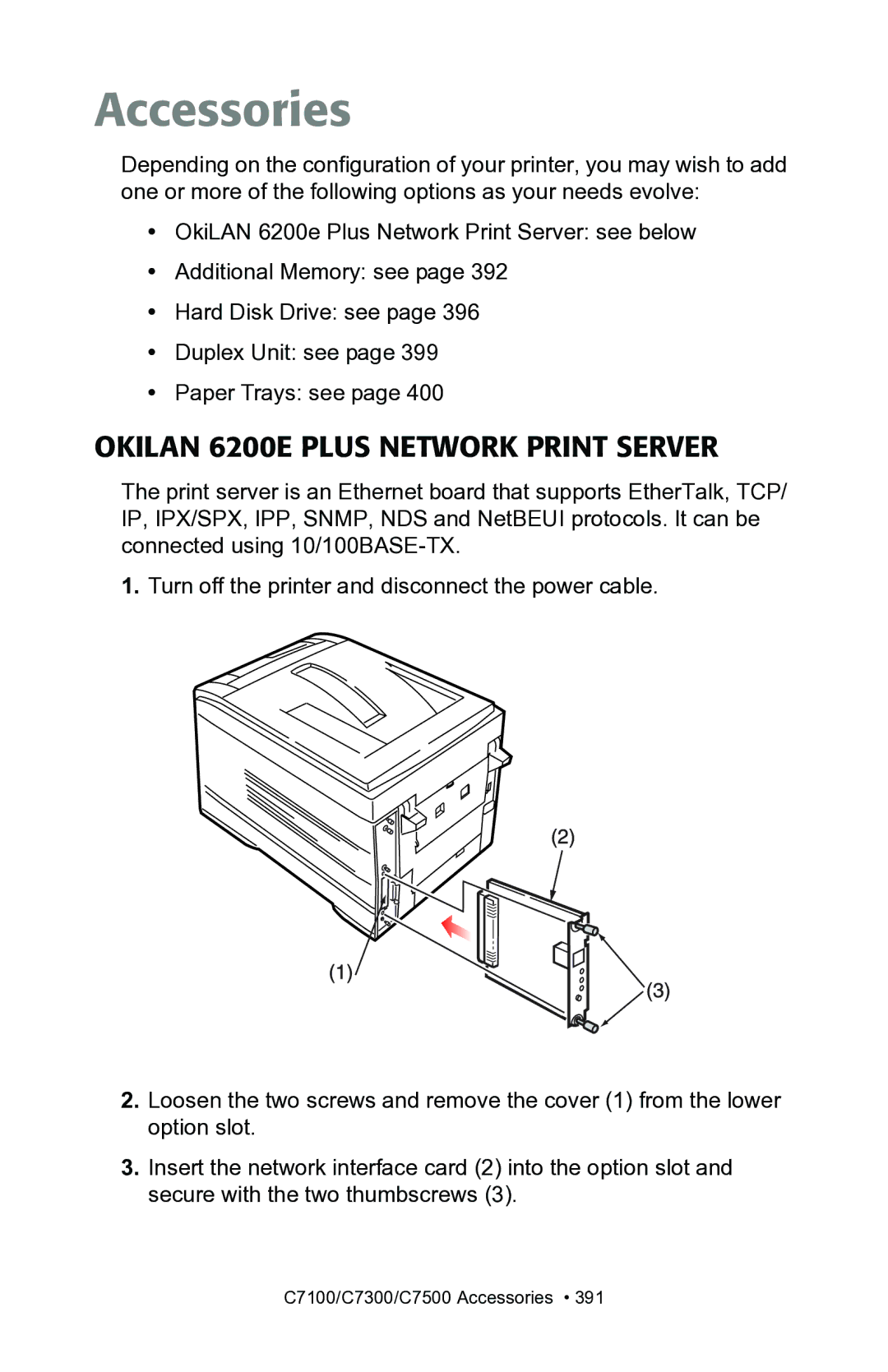 Oki C7100, C7300 manual Accessories, Okilan 6200E Plus Network Print Server 