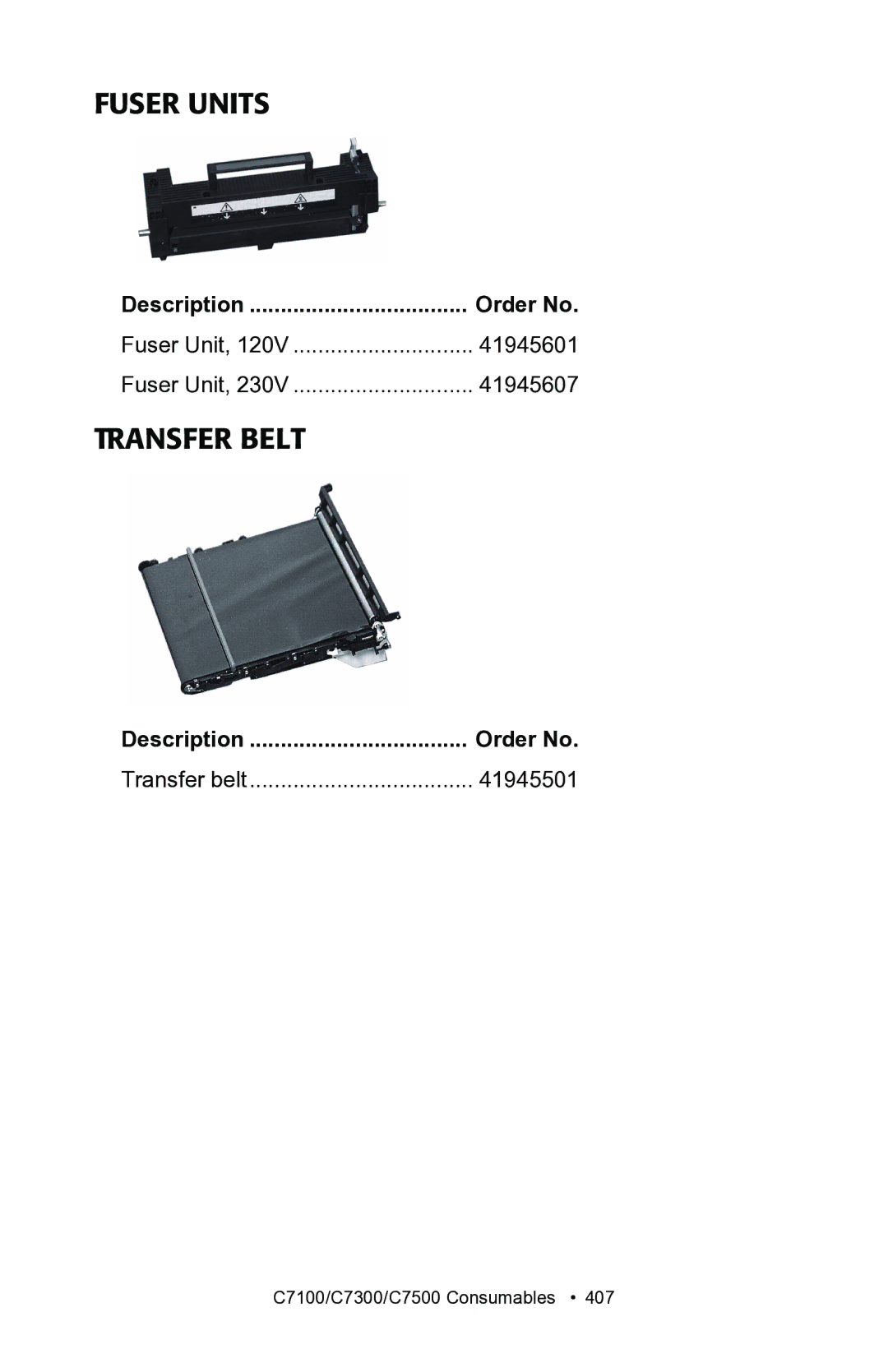 Oki C7100, C7300 manual Fuser Units, Transfer Belt, 41945501 