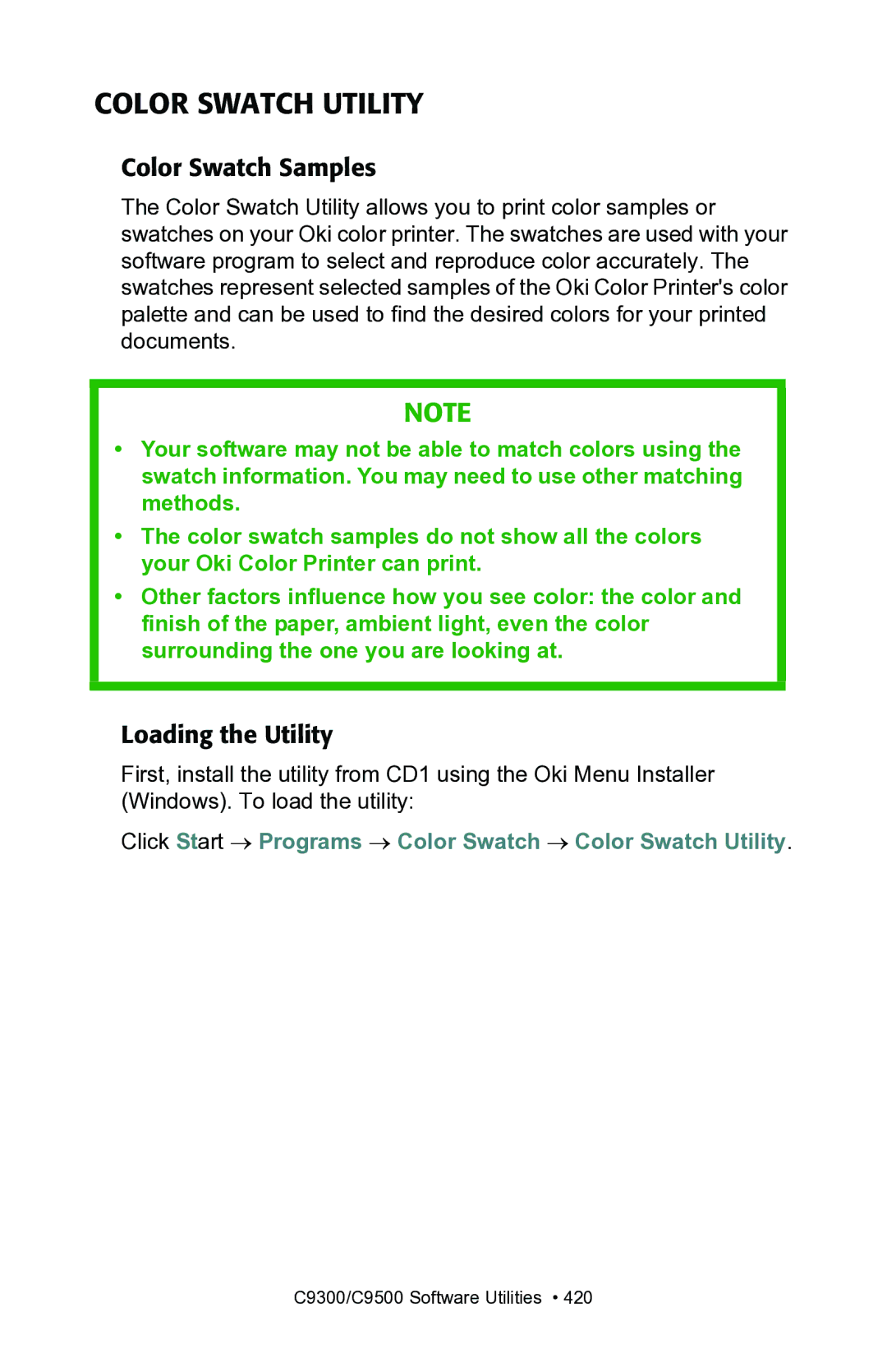 Oki C7300, C7100 manual Color Swatch Utility, Color Swatch Samples, Loading the Utility 