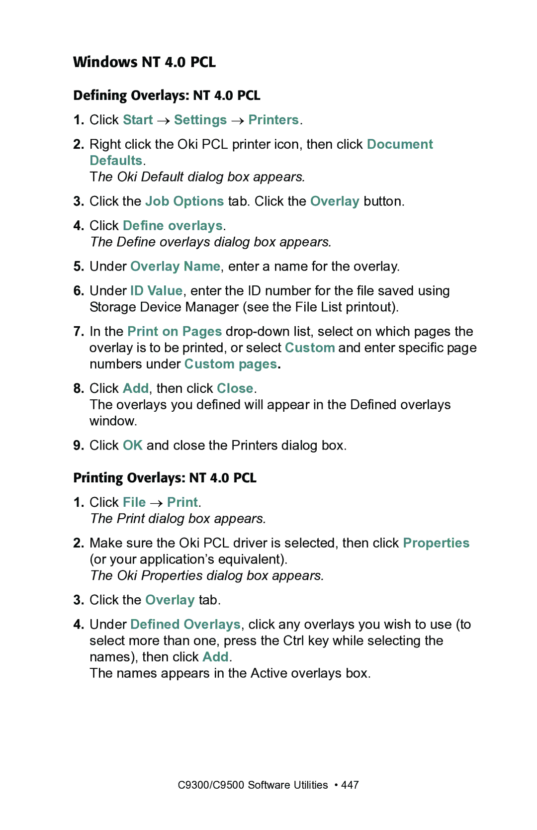 Oki C7100, C7300 manual Windows NT 4.0 PCL, Click Define overlays 