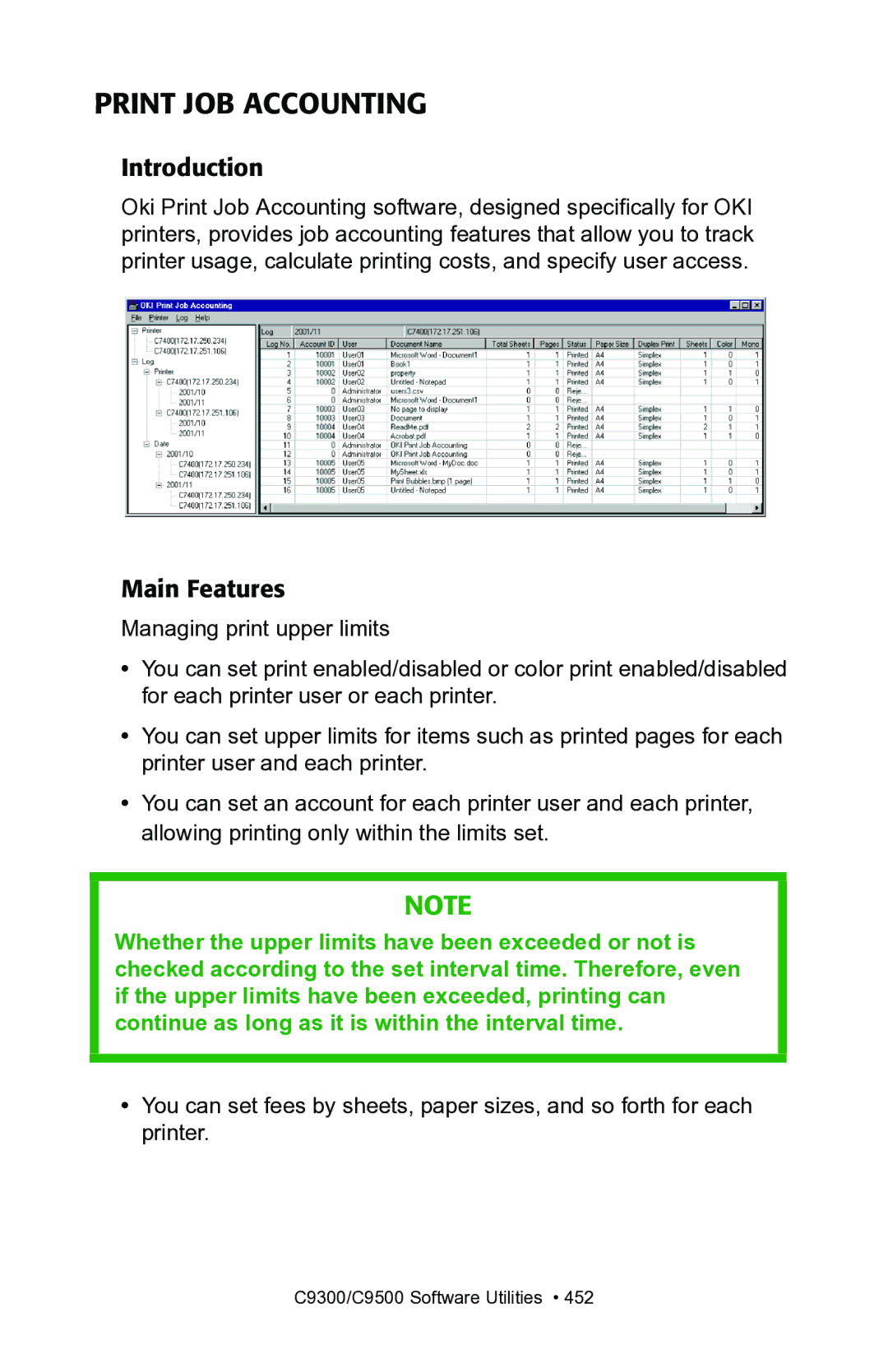 Oki C7300, C7100 manual Print JOB Accounting, Introduction, Main Features 