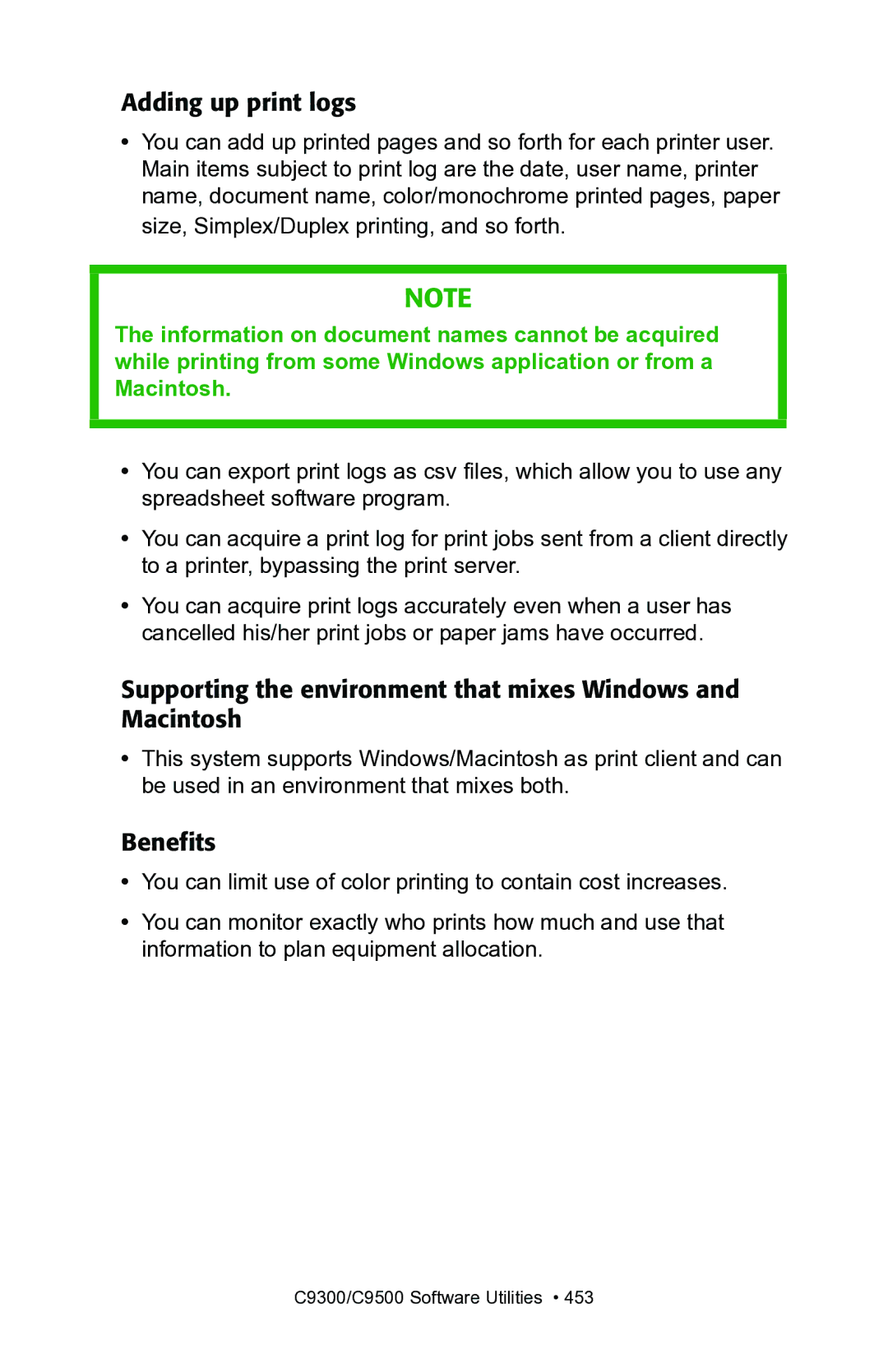 Oki C7100, C7300 manual Adding up print logs, Supporting the environment that mixes Windows and Macintosh, Benefits 