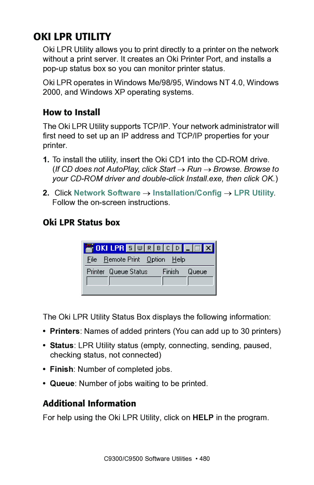 Oki C7300, C7100 manual OKI LPR Utility, How to Install, Oki LPR Status box 