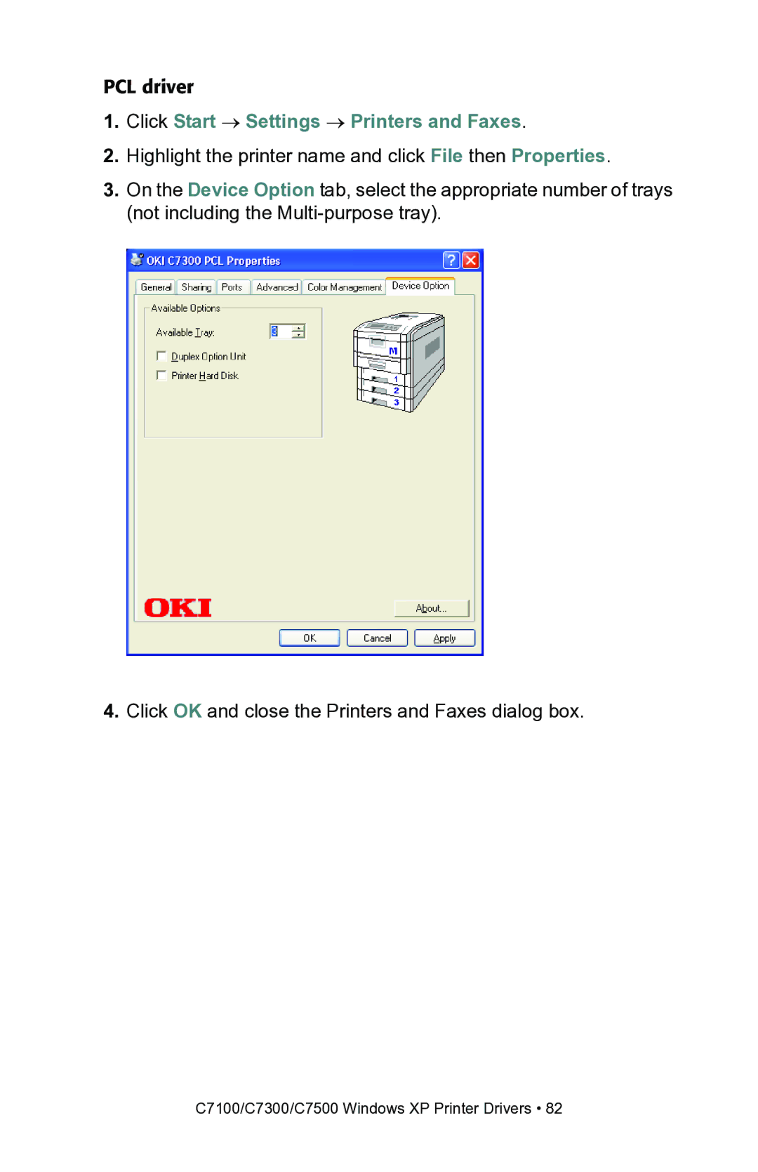 Oki C7300, C7100 manual Click Start Settings Printers and Faxes 