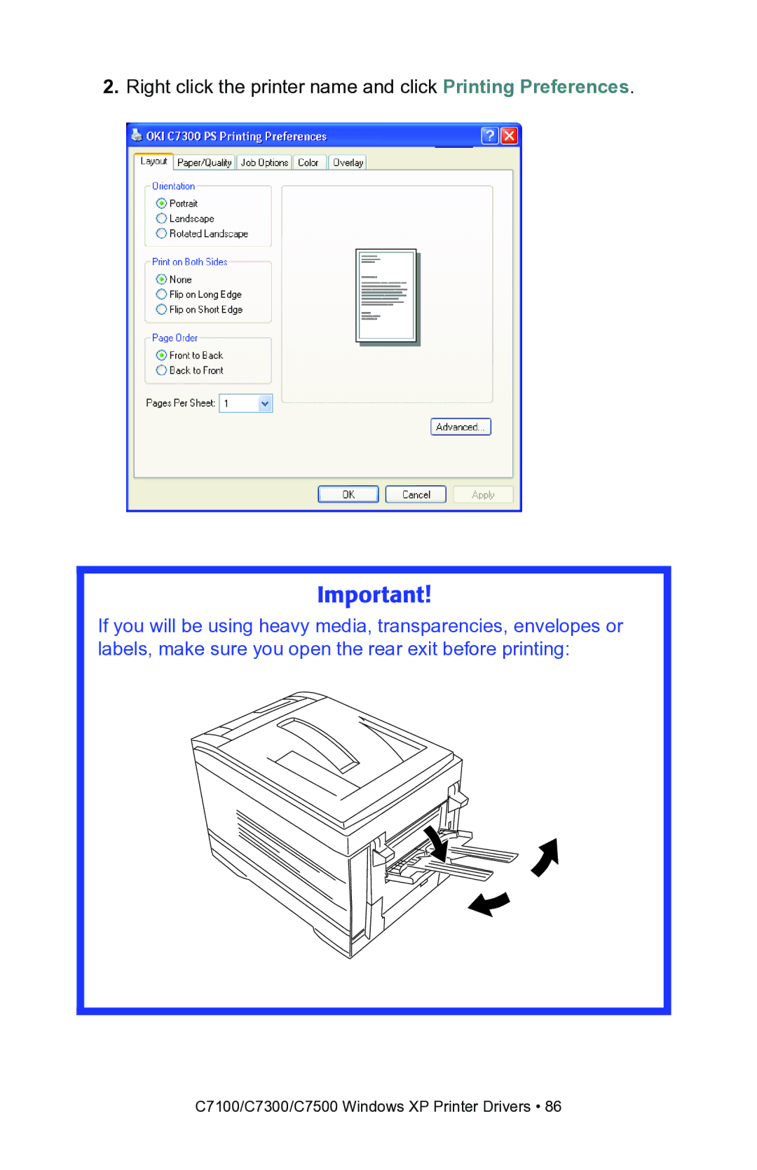 Oki C7300, C7100 manual Right click the printer name and click Printing Preferences 