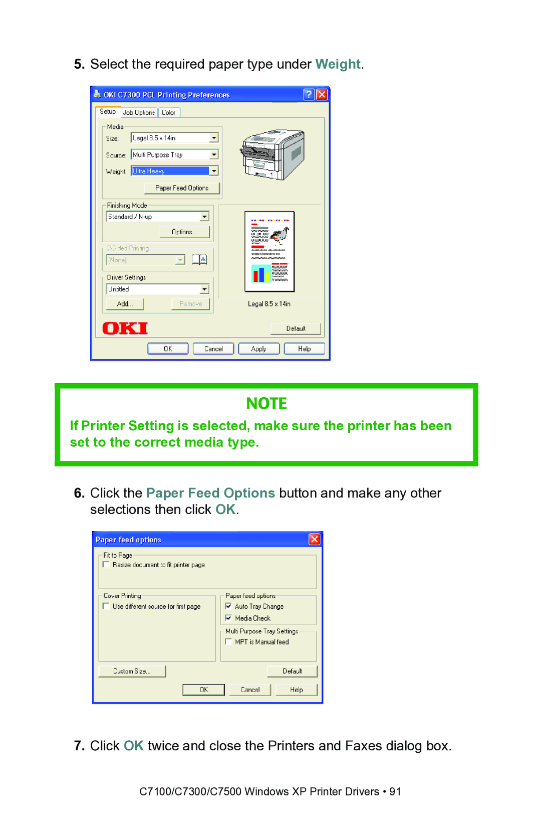 Oki C7100, C7300 manual Select the required paper type under Weight 