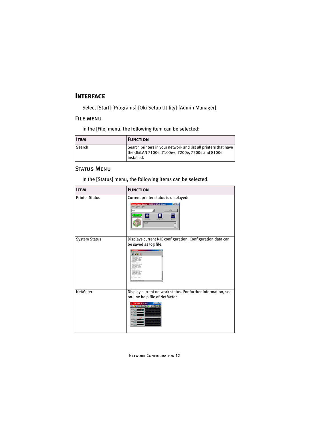 Oki C7500 V2, C9500 V2 manual Interface, File menu, Status Menu, ItemFunction 