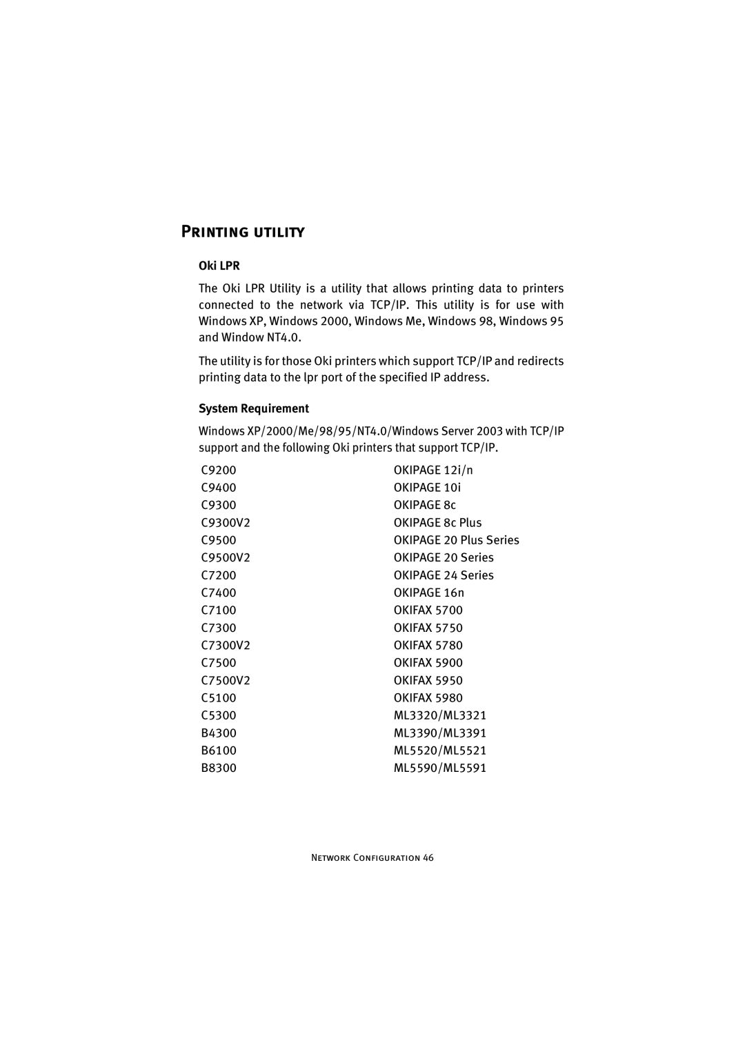 Oki C7500 V2, C9500 V2 manual Printing utility, Oki LPR, System Requirement 