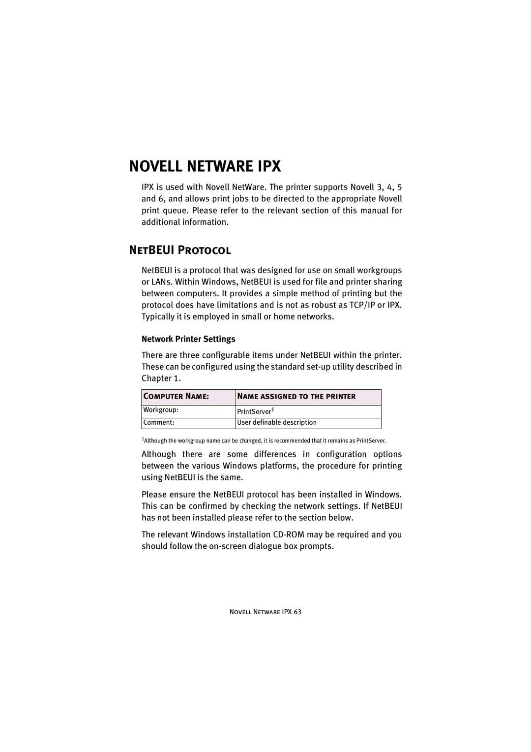 Oki C9500 V2, C7500 V2 manual Novell Netware IPX, NetBEUI Protocol, Network Printer Settings, Computer Name 