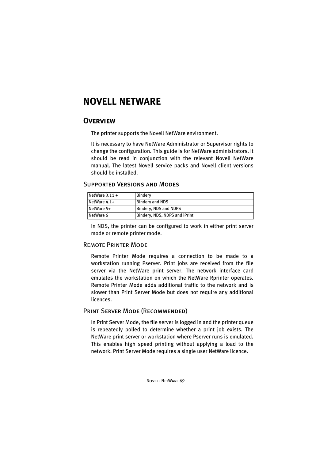 Oki C9500 V2, C7500 V2 Novell Netware, Supported Versions and Modes, Remote Printer Mode, Print Server Mode Recommended 