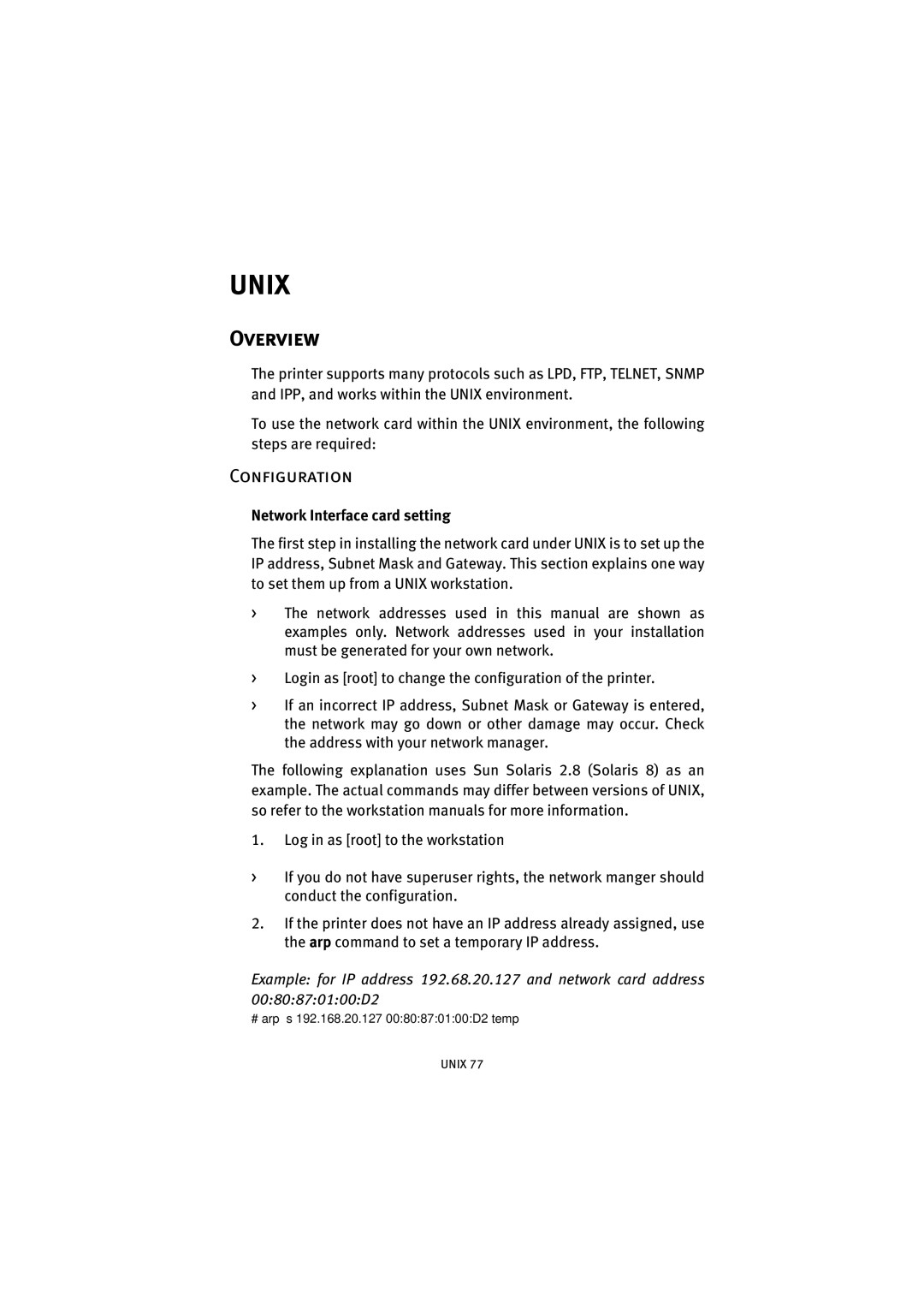 Oki C9500 V2, C7500 V2 manual Unix, Configuration, Network Interface card setting 