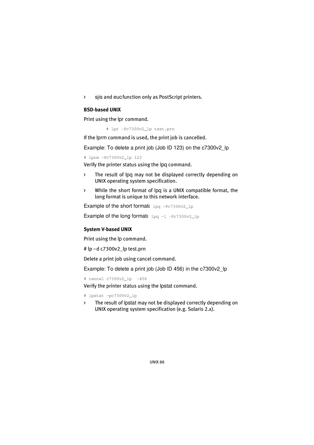 Oki C7500 V2, C9500 V2 manual BSD-based Unix, Example To delete a print job Job ID 123 on the c7300v2lp, System V-based Unix 