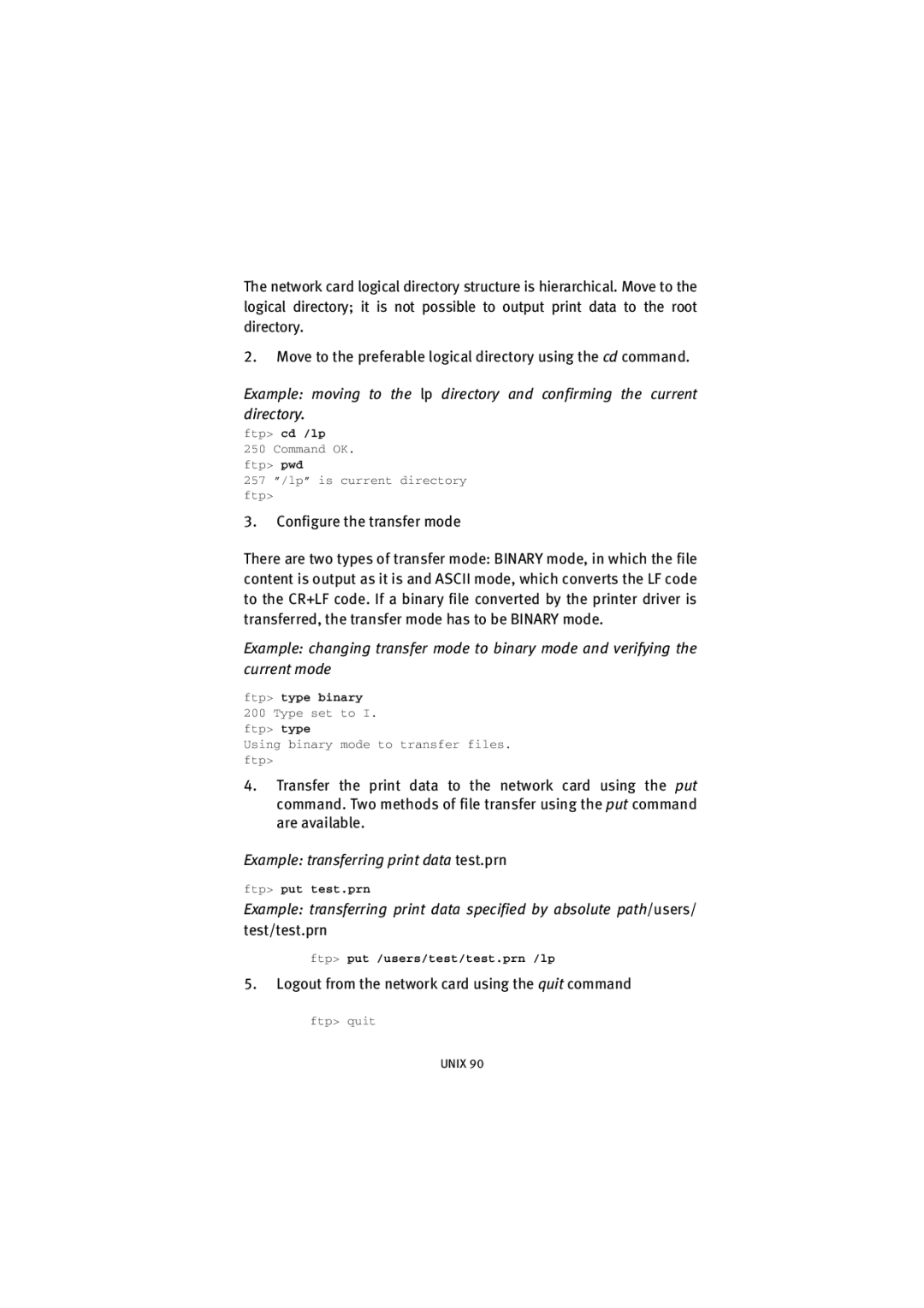 Oki C7500 V2, C9500 V2 manual Example transferring print data test.prn, Logout from the network card using the quit command 