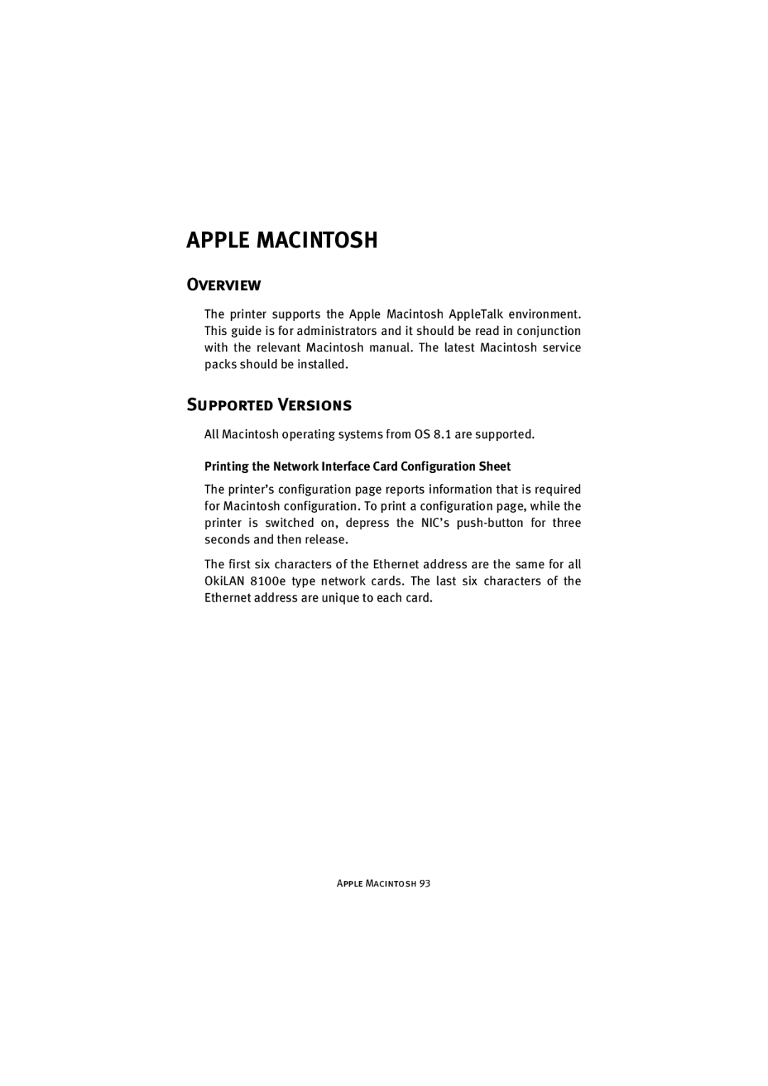 Oki C9500 V2, C7500 V2 manual Apple Macintosh, Supported Versions 