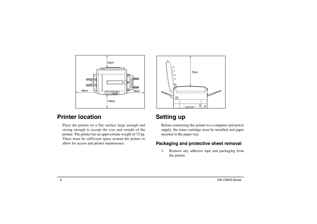 Oki C9000 Series setup guide Printer location, Setting up, Packaging and protective sheet removal 