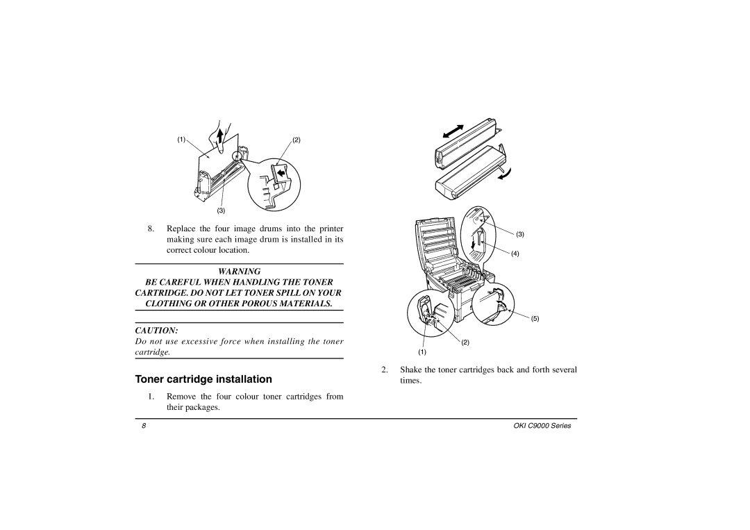 Oki C9000 Series setup guide Toner cartridge installation 