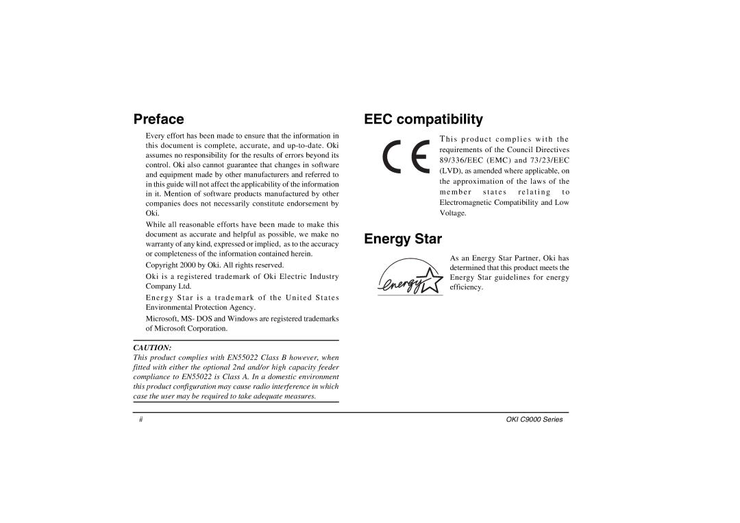 Oki C9000 Series setup guide Preface, EEC compatibility, Energy Star 