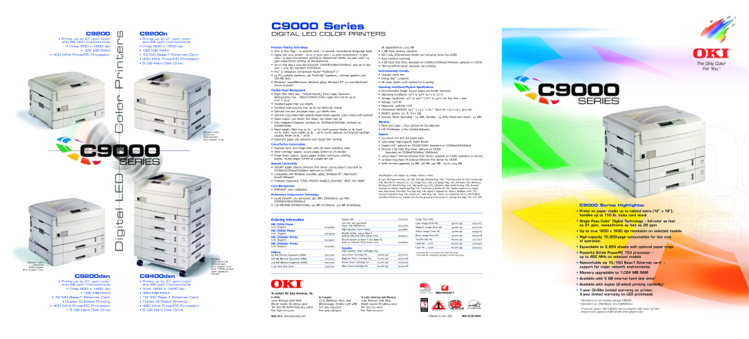 Oki C9200N warranty C9200 C9200n, C9200dxn C9400dxn, C9000 Series Highlights Ordering Information 
