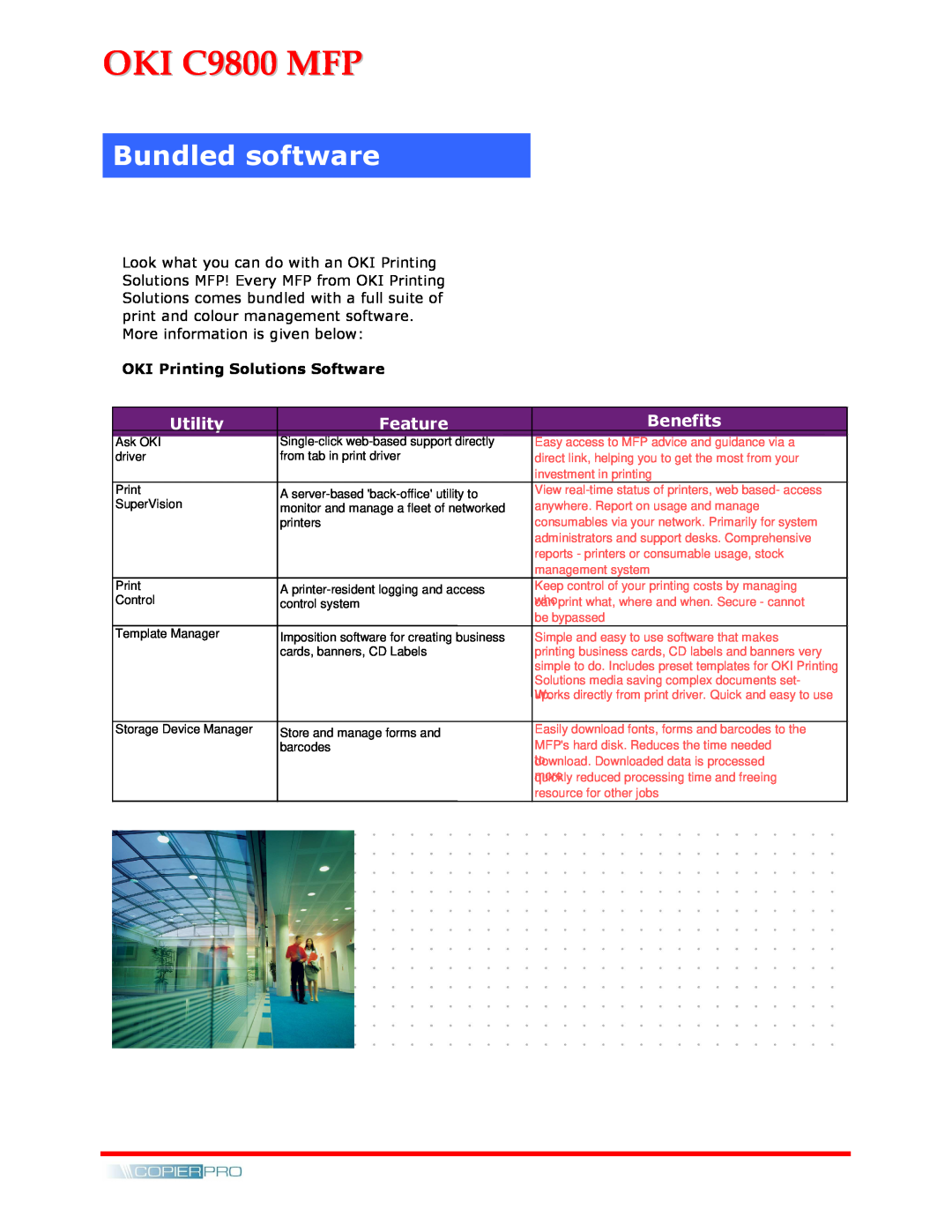 Oki brochure Bundled software, OKI C9800 MFP, Utility, Feature, Benefits 
