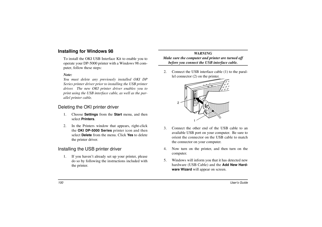 Oki DP-5000 manual Installing for Windows, Deleting the OKI printer driver, Installing the USB printer driver 