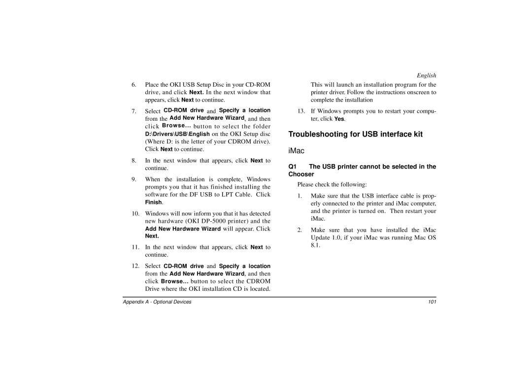 Oki DP-5000 manual Troubleshooting for USB interface kit, IMac, Q1 The USB printer cannot be selected in the Chooser 