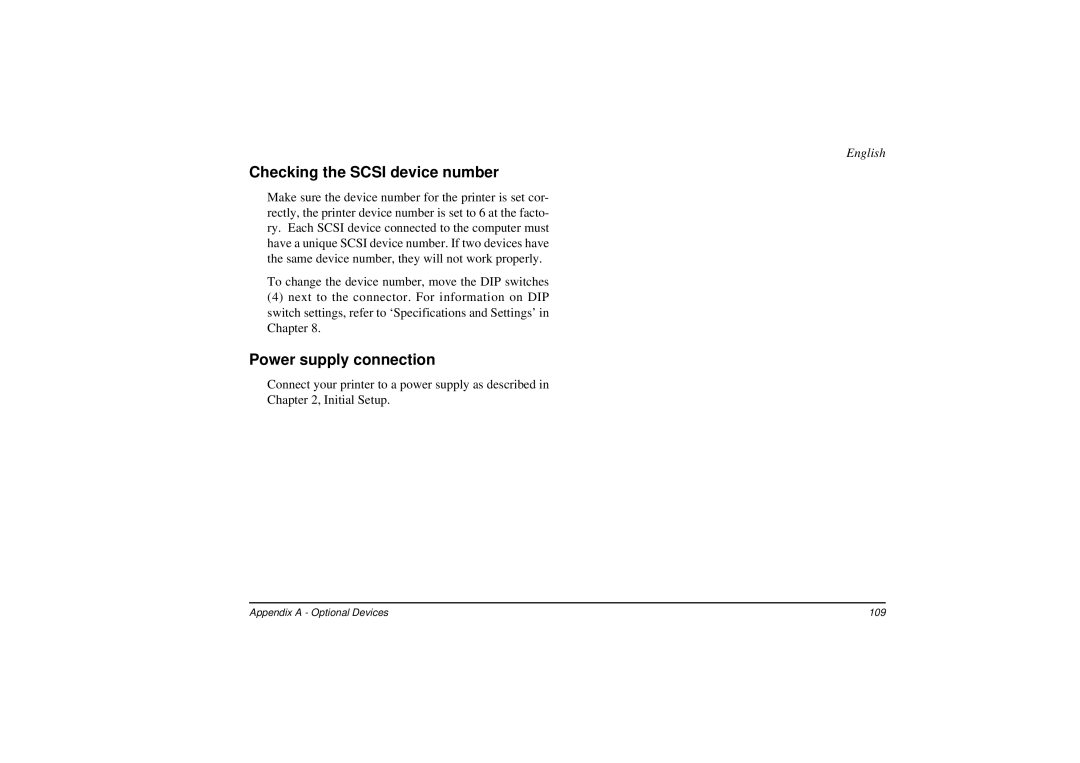 Oki DP-5000 manual Checking the Scsi device number, Power supply connection 