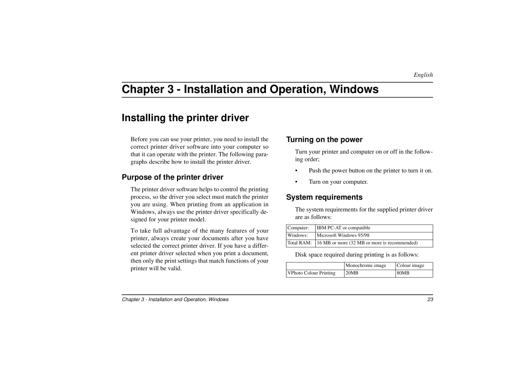 Oki DP-5000 manual Installing the printer driver, Turning on the power, Purpose of the printer driver, System requirements 