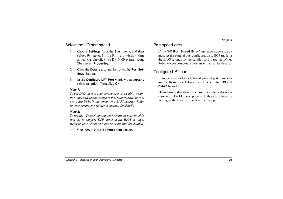 Oki DP-5000 manual Select the I/O port speed, Port speed error, Configure LPT port 