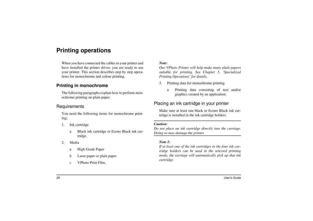 Oki DP-5000 manual Printing operations, Printing in monochrome, Requirements, Placing an ink cartridge in your printer 