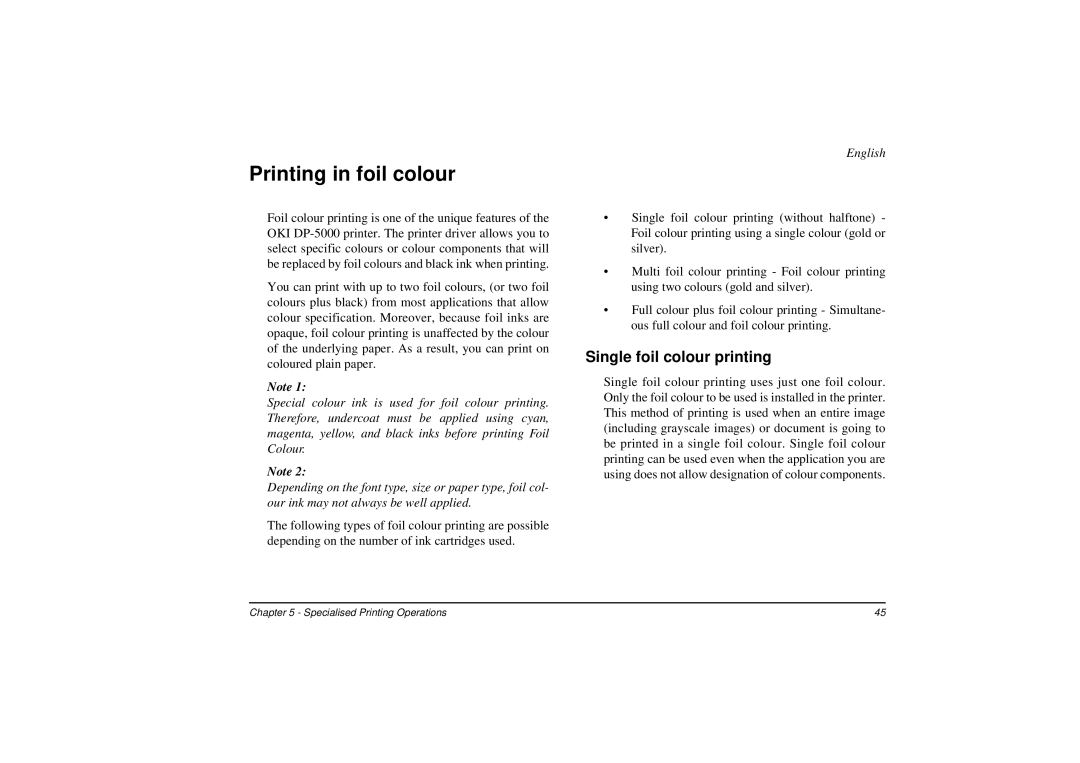 Oki DP-5000 manual Printing in foil colour, Single foil colour printing 