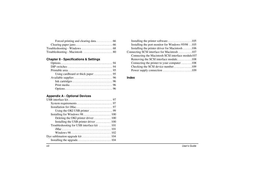 Oki DP-5000 manual Specifications & Settings, Index, Appendix a Optional Devices 