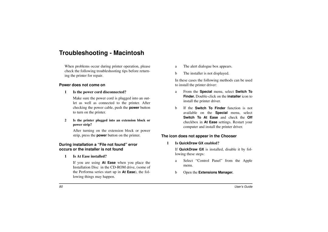 Oki DP-5000 manual Troubleshooting Macintosh, Is the power cord disconnected?, Is At Ease installed? 