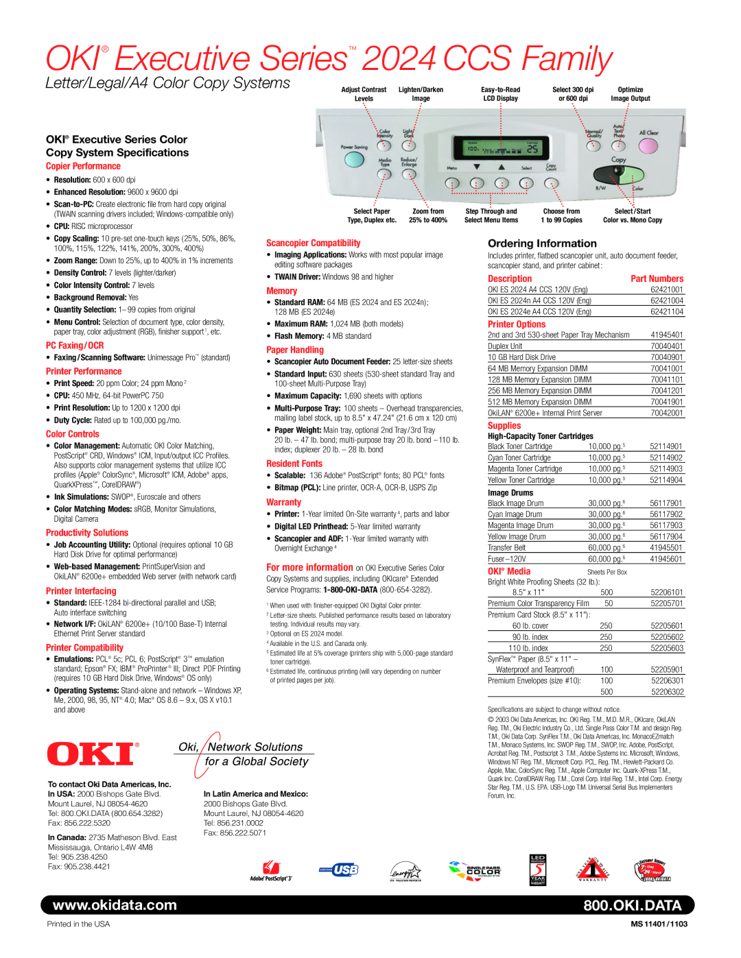 Oki ES 2024 CCS manual Copier Performance, Scancopier Compatibility, Memory, Description, Printer Options, PC Faxing/OCR 